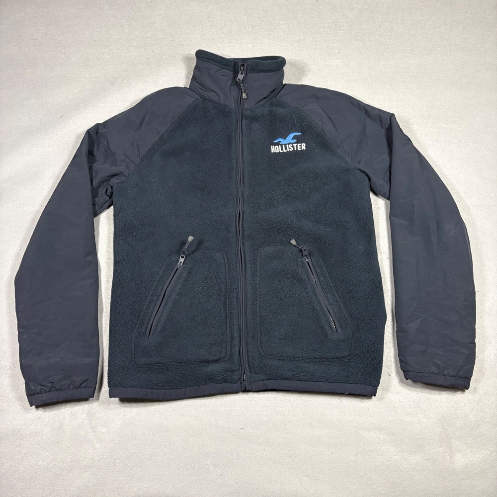 Hollister Mens Small Fleece Full Zip Jacket Navy Blue Mixed Media Mock Neck